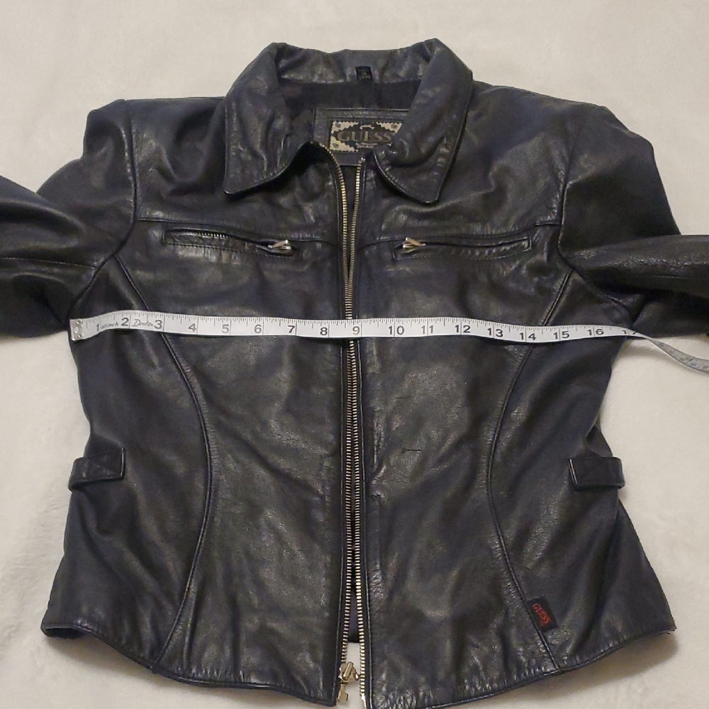 Guess Women's Black Genuine Leather Zip Jacket With Zippered Chest Pockets - Picture 11 of 16